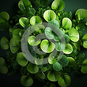 Top view, abstract watercress - vibrant green with a peppery hue, background, color of the year