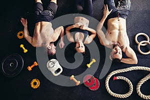 Top view of accessories for fitness and tree athlete lying on floor photo