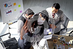 Top view of achievement successful businesspeople shares idea, presentation at conference meeting desk, business team have