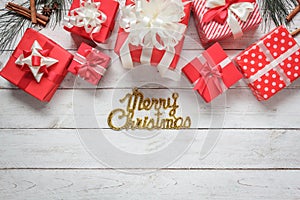 Top view aerial image of decoration & ornament merry Christmas & Happy new year concept.Text of sign winter season and beautiful m