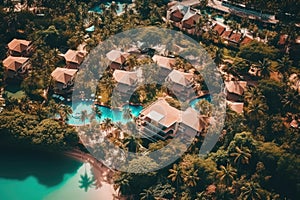 Top view aerial photo from drone of beautiful tropical coastline, resort, AI Generated