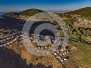 Top view aerial photo from flying drone of  Doi Mon Jam Camping Tent Tourist attractions in Mae Rim District Chiangmai Province