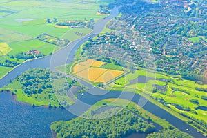 Top view aerial photo of settlements and fields