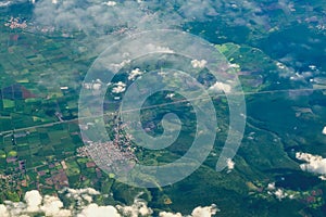 Top view aerial photo of settlements and fields