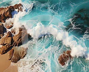 Top view Aerial photography of blue sea waves sand beach rocks