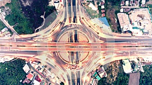 Top view aerial view Expressway motorway highway circus intersection. Shot from drone.