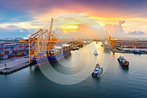 Top view, aerial view the ship container for transporting goods by sea at sea port warehouse and crane ship working for delivery