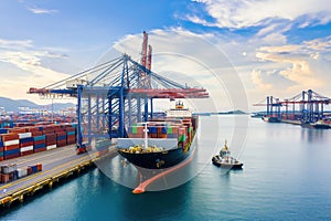 Top view, aerial view the ship container for transporting goods by sea at sea port warehouse and crane ship working for delivery