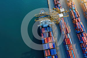 Top view, aerial view the ship container for transporting goods by sea at sea port warehouse and crane ship working for delivery