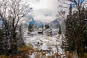 Top view of Ainokura Gassho village, Japan with snow covering an