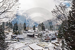 Top view of Ainokura Gassho village, Japan with snow covering