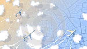 Top view of airplane flying above city map. Panoramic scenery top view on planes flies among the clouds. Plane journey