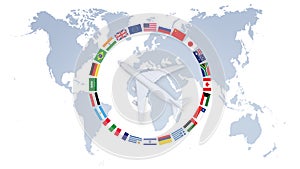 Top view of airplane on world map background with flags, support office for international travel booking for vacations or business