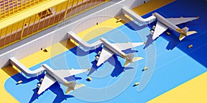 Top view of airplanes with jet bridge at the airport, airfield area