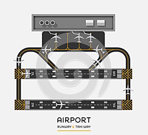 Top view of airport runway and taxi way with airplane, vector