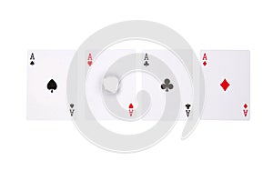 Top view of all 4 aces in poker with the heart symbol cut out isolated on a white background