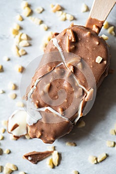 Top view of almond vanilla ice-cream with chocolate glaze