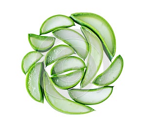 Top view of aloe vera slices on a white background