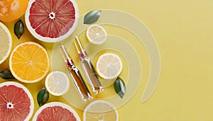 Top view of ampoules with Vitamin C and different citrus fruit slices on yellow background with copy space