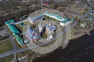 Top view of the ancient Staraya Ladoga St. Nicholas Monastery (aerial photography). Russia
