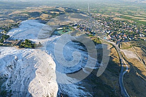 Top view, angle drone, Mountain calcium carbonate white, wonderful pool spa bathtub in nature amazing, Cotton Castle, Hierapolis