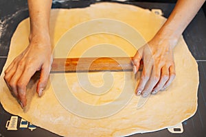 Top view of anonymous person hands rolling soft dough by rolling pin on table