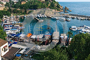 Top view of Antalya city and harbour with moored ships