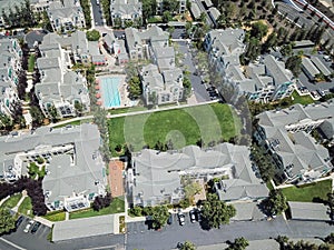 Top view apartment complex with swimming pool in Silicon Valley, California