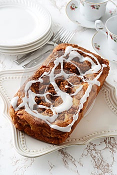 Top view apple fritter loaf bread cake with icing