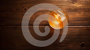Top View Of Apple Juice On Wooden Table With Ice Cubes