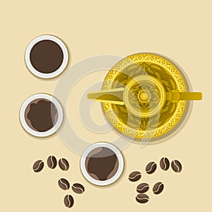 Top View Arabian Coffee With Roasted Beans Vector Illustration