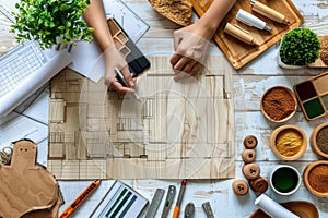 Top view of an architect drawing a sketch of a modern residential building. Workspace of a designer creating a project