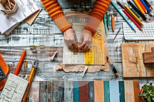 Top view of an architect drawing a sketch of a modern residential building. Workspace of a designer creating a project