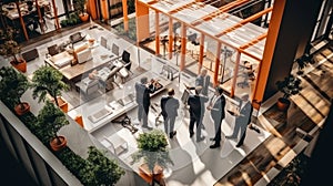 Top view of architects team collaborating on construction plans and discussing project in office