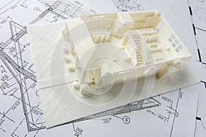 Top view of architectural 3D model of the house interior with furniture, doors, staircase and others details printed on