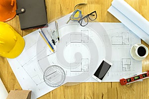 Top view architectural plans work space