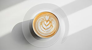 Top view of artistic latte with leaf pattern in sunlight