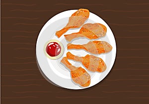 Top view artwork of fried chicken legs or drumsticks on white plate with ketchup concept.