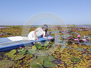 Top view of Asian Female Traveler In a white dress Looking at the beauty of the lotus Red Lotus Sea, Travel Concept, Udon Thani,