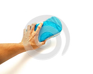 Top view Asian man hand holding microfiber sponge with bug mesh car cleaning foam easy grip comfortable to use washing  on