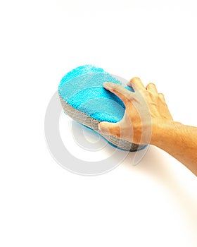 Top view Asian man hand holding microfiber sponge with bug mesh car cleaning foam easy grip comfortable to use washing  on