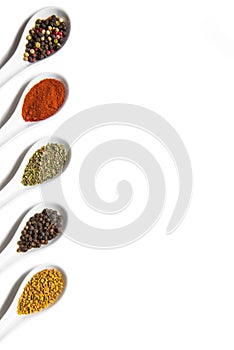 Top view of assorted aromatic seasonings in ceramic spoons