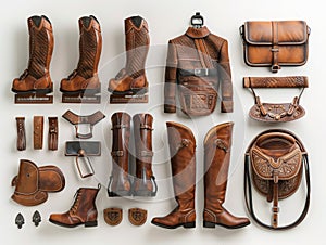 Top view of assorted horse riding gear including saddle, boots, and clothes on white