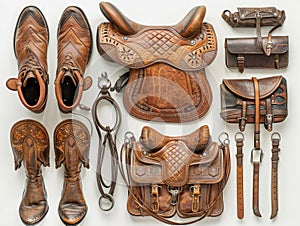 Top view of assorted horse riding gear including saddle, boots, and clothes on white