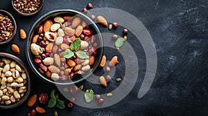 Assorted nuts in bowls on dark textured background