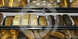 Top view of assortment of different kind of cereal bakery breads