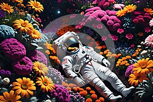 top view of an astronaut lying in a vibrantly colored flower garden, contrasting the concept of relaxation in space