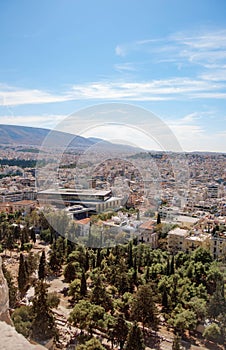 Top view of Athens city buildings and hills, Greece.