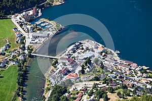 Top view at Aurland town and river Aurlandselvi. Summer sunny day, Norway photo