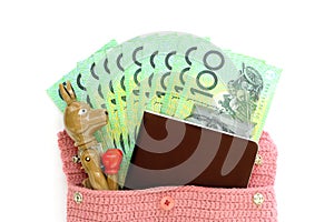 Top view of Australian cash money with passport and kangaroo pen.